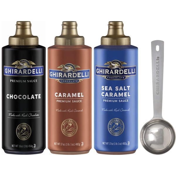 Ghirardelli - Sea Salt Caramel, Chocolate and Caramel Flavored Sauce (Set of 3) - with Limited Edition Measuring Spoon