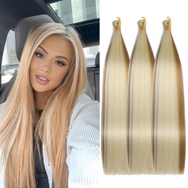 Locescsoc 28 Inch Bone Straight Braiding Hair 150g 3 Packs Straight Hair Extensions, Ariel Straight Ponytail Hair Bundles, Ombre Soft Synthetic Hair for Women (27/613, 28 Inch 3 Packs)