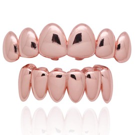 Psivika Gold Plated Shiny Hip Hop Teeth Grillz Caps Iced Out CZ Top and Bottom Vampire Fangs Grillz for Men and Women (Rose Gold)