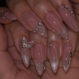 24Pcs 3D Butterfly Press on Nails Almond Fake Nails Glitter French Tip Glue on Nails Butterfly Nail Charms Rhinestones Pearl Artificial Acrylic Nails Medium Glossy Nude Stick on Nails for Women