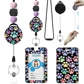 Icycay Dog Paw Retractable Lanyards for Id Badges, ID Holder with Silicone Beaded Lanyard Badge Retractable Clip, Cute Paw Name Tag Work Office Supplies for Men Women Teacher Gifts