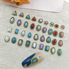 60PCS Vintage Western Style 3D Nail Art Charms, Turquoise Marble Gems, Rhinestone Jewelry Decorations for Acrylic Nails