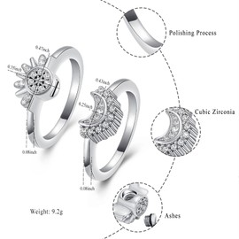 Cremation jewelry for Ashes - Celestial sun and moon Ring Set, Sparkling sun/blue moon rings, Plated silver, friendship/promise rings, Stackable celestial jewelry, Gift for Women/Girls (8 sizes)