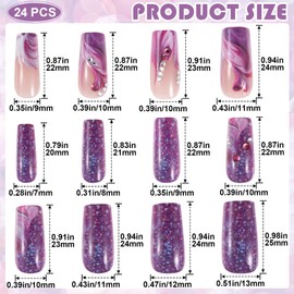 Winsyison 24pcs Press on Nails, Sparkly Purple Acrylic Press on Nails, Medium Length Square Glue on Fake-Nails Reusable Manicure Supplies Kits for Women Wedding Prom Party Dating