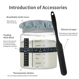 Wissy&Konny Sourdough Starter Jar 35OZ with Ounce Scale Line,Date Marked Feeding Band, Thermometer, Sourdough Jar Scraper, Cloth Cover & Wood Lid, Wide Mouth for Sourdough Bread Baking