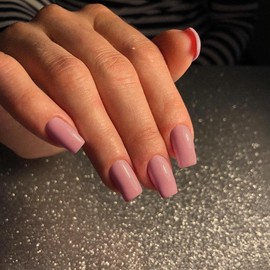 Rose Pink Press on Nails Medium Square, SXVME Natural Acrylic Glue on Nails Medium Length Coffin Nails Press ons Medium Short Gel Nails, Thick Reusable Fake Nails Solid Color 24 False Nails