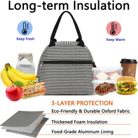 GYEUKHAM Lunch Bag Women, Lunch Box for Adult Men Kids Girls, Small Cute Lunchbox Tote Large Capacity Insulated Lunch Container Cooler for Work School Picnic Travel, Black White Stripes