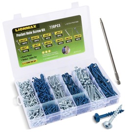 LIONMAX Pocket Hole Screws Assortment Kit, 720 PCS in 5 Sizes, 8 x 1, 1-1/4", 1-1/2", 2", 2-1/2", Anti-Rust Coated Pocket Screws for Exterior& Interior, Coarse Thread, 150mm Square Drive Bit Included