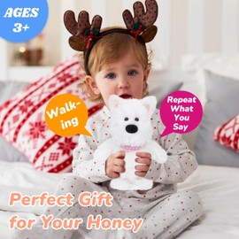 Hopearl Talking Singing Westie with Pink Bib Repeats What You Say Dog Walking Puppy Electric Interactive Animated Toy Speaking Plush Buddy Gifts for Toddlers, White, 9''