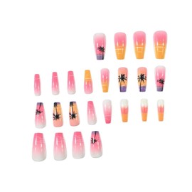 Summer Press on Nails Medium Coffin False Nails with Coconut Tree Design Beach Sunset Fake Nails Reusable Ombre Pink Stick on Nails Glossy Gradient Yellow Glue on Nails for Women Girls Manicure 24Pcs