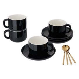 CHILDIKE Porcelain Coffee Cups and Saucers Set of 4 Black, 8 Ounce Coffee Cup for Cappuccino, Latte, Cafe Mocha, Espresso