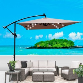 Royard Oaktree 10x6.5 ft Solar LED Offset Hanging Patio Umbrella, Rectangle Market Umbrellas with Crank and Cross Base, Outdoor UV Protection Sun Shade for Garden Lawn Backyard Poolside, Mushroom