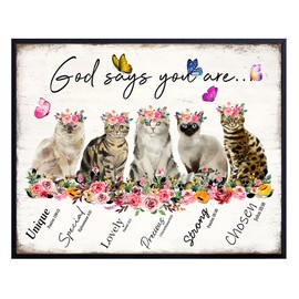 God Says You Are Cat Wall Art - Christian Inspirational Encouragement Gifts for Women - Bible Verses, Psalms, Scripture Wall Decor- Catholic Religious Gifts - Positive Motivational Quotes - Boho Decor