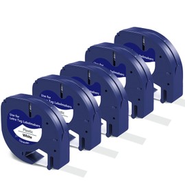 BEYONDTEK 5 Packs Replacement for DYMO LetraTag Refills Plastic White Label Tape 91201 S0721610 for DYMO LetraTag LT-100T LT-100H QX50 XR XM Label Makers, 12mm x 4m, Black on White