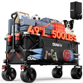 DUHKOI 49" L Collapsible Foldable Extended Wagon with 500lbs Weight Capacity,300L Heavy Duty Beach Cart,Large Utility Wagon with Cup Holders,Cart for Dogs,Sports,Outdoors,Grocery,Black