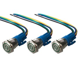 QitinDasen 3Pcs Premium 16mm Self-locking Latching Push Button Switch, 12V / 24V 5A Car Ignition Starter Switch, Green LED Light IP67 Waterproof Metal Switch with Socket Plug Wire