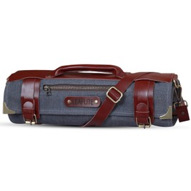 Leaflite Leather Knife Roll Bag – Chef Knife Bag with 14 Pockets – Durable Canvas & Leather Knife Roll for Professional Chefs – Portable Knife Storage Case