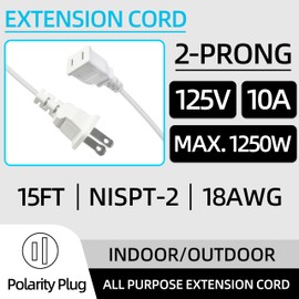 15FT White Thin Flat Extension Cord 2 Prong Polarized Power Cable,18AWG 10A 125V Single Outlet Space-Saving Slim Cable Wire ETL Listed for Holiday Lights, Lamps,Cameras & Small Appliances (1Pack)