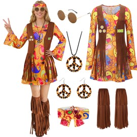 TOLOYE 70s Fancy Dress Women, Hippie Costume Outfit with Fringe Vest Boho Headband Necklace Set, 60s Disco Fancy Dress, 1970s Retro Hippie dress Hippy Clothes for Carnival Cosplay Party (XL)