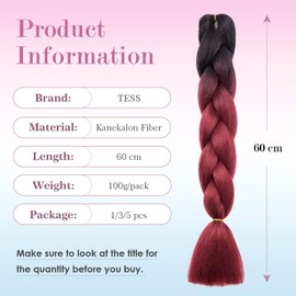Tess Jumbo Braids, Hair Extensions, 60 cm, Kanekalon Synthetic Hair for Braiding, Box Braids, 100 g/Bundle, 1 Piece, Ombre, #5 Red/Raven Black