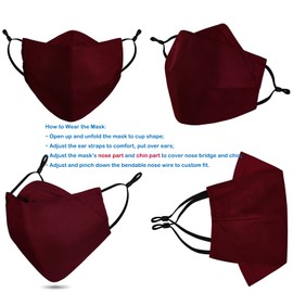 Reusable 3-Ply Cloth Face Mask Adjustable Ear Loops/Nose Wire/Filter Pocket, Washable Organic Cotton Masks Dustproof Outdoor for Women Men Adults (3 Burgundy)