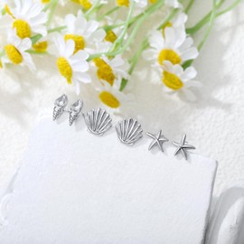 Seiyang 3 Pairs 925 Sterling Silver Starfish Seashell Clam Conch Shell Earrings Beach Stud Earrings Ocean Jewellery for Women
