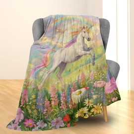 Ti Caldi Beautiful Unicorn & Flowers Blanket, Soft Fuzzy Lightweight Flannel Throw Blanket for Couch, Bed, Travel, Rainbow Design, Warm Cozy Decor Blankets for Women Girls 60×50 in
