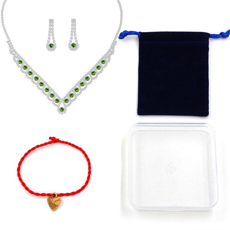 JunyiDIY Elegant Green Crystal Necklace Earrings Set | Zircon Chain