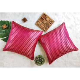 Craftbot Damask Throw Pillow Covers - Pack of 2 Faux Silk Brocade Decorative Pillows - Fuchsia / Magenta 18x18 Inch - Indian Cushion Cover- Cover Only