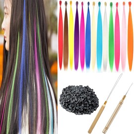 XIAO TAO ZI 13pcs/Lot 20'' Synthetic Rainbow Hair Extensions kit Colored Hair Pieces +50 Pcs Silicone Micro Beads+2 Pcs Crochet Hooks (20 Inches, 13 Pieces)