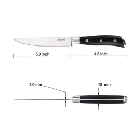 dearithe Steak Knives Set of 6,Black Full-Tang And Triple Rivet Fine-Edge Stainless Steel Sharp Blade Flatware Steak Knife Set, 5.0 Inches, For Tableware Kitchen, Dishwasher Safe