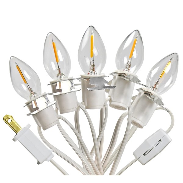 YIMILITE 5 Base C7 String Bulbs Christmas Village Light Accessory Cord with 5 LED Light Bulb Universal Clip White Cord with On/Off Spare Fuse Switch Plugs for Decorations Christmas Village House