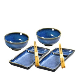 HENXFEN LEAD Ceramic Japanese Sushi Plates and Bowls Set for 2 | Includes 7 Inch Rectangle Sushi Serving Dish, 10 Oz Soup, Rice, Side Dishes Bowl and Chopsticks(Reactive Blue)