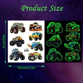 Qpout Glow In The Dark Monster Truck Temporary Tattoos for Children, Luminous Racing Car Truck Wheels Fake Tattoo Stickers for Boys Birthday Party Favours Accessories Pack of 12