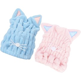 Gorro para Secar el Cabello de Coral Fleece, Orejas de Gato, Secado Rápido, 2 Piezas, Azul y Rosa, Adecuado para Baño y Uso Diario