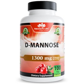 NaturaLife Labs Organic D-Mannose 1300 mg with Organic Cranberry Extract 100 mg per Serving – 100 Capsules – Non-GMO, Gluten-Free, Vegan