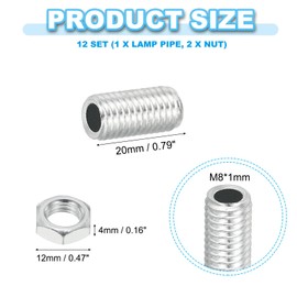 PATIKIL M8 Fine Thread Carbon Steel Lamp Pipe with Nut, 12 Set 20mm/0.79" Hollow Tube Thread Adapter Fasteners Hardware for Lamp Lights Chandelier Ceiling Light DIY, White Zinc Plating