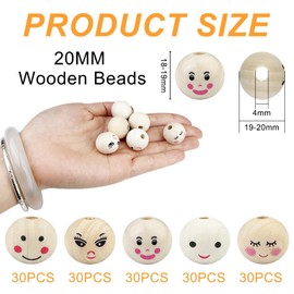 Fervalyna Pack of 150 Wooden Beads with Face, Wooden Balls with Hole, Natural Wooden Heads Smile, Wooden Ball Beads for DIY Decorations, Jewellery, Worry Worms, Lucky Worms, Accessories, (5 Styles, 20