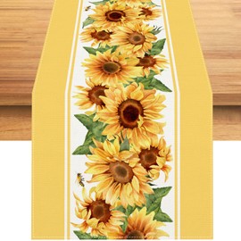 Linen Watercolor Sunflower Table Runner Spring Flower Tablecloth Spring Farmhouse Sunflower Decorations and Supplies for Home Kitchen Table-13×72''