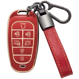 Eisgul for Hyundai Key Fob Cover with Leather Keychain Soft TPU Full Protection Key Case Shell Holder Compatible with 2024 2023 2022 2021 Sonata Santa fe Tucson Nexo Palisade 7 Button, A-Red