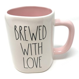 Rae Dunn BREWED WITH LOVE White Ceramic Mug Pink Interior Pink Handle