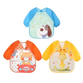 Baberos para Bebé, Impermeable con Mangas, Juego de 3, para Niños de 6 a 36 Meses (Cachorros osos jirafa)