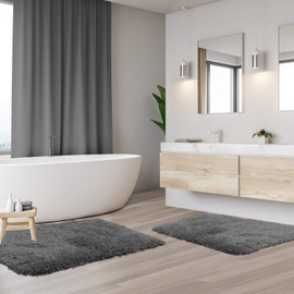 Clara Clark Bathroom Rugs, Shaggy Plush Bath Mat, Ultra Soft Non Slip Backing Rubber. 2 Piece Set, Gray