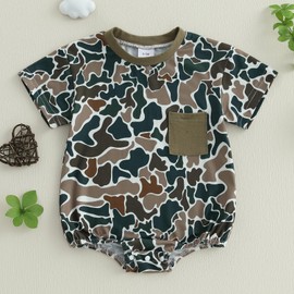 Newborn Baby Boy Camo Onesie Short Sleeve Bubble Romper Camouflage Tshirt Bodysuit Infant Summer Outfit (Green, 12-18 Months)