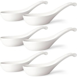 Wareland Asian Soup Spoons Set of 6, Ceramic Chinese Soup Spoons 7 Inch Japanese Spoon for Ramen Pho Dumpling Miso Wonton Noodles | Long Handle Flat Bottom Deep Oval Hook Design | White