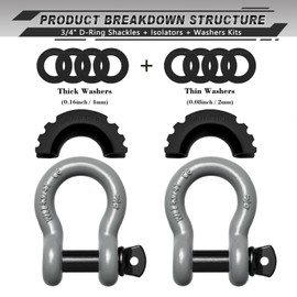 AUTMATCH D Ring Shackle 3/4" Shackles (2 Pack) 41,887Ibs Break Strength, Clevis Shackle with 7/8" Screw Pin and Shackle Isolator Washers Kit for Tow Strap Winch Off Road Vehicle Recovery, Gray