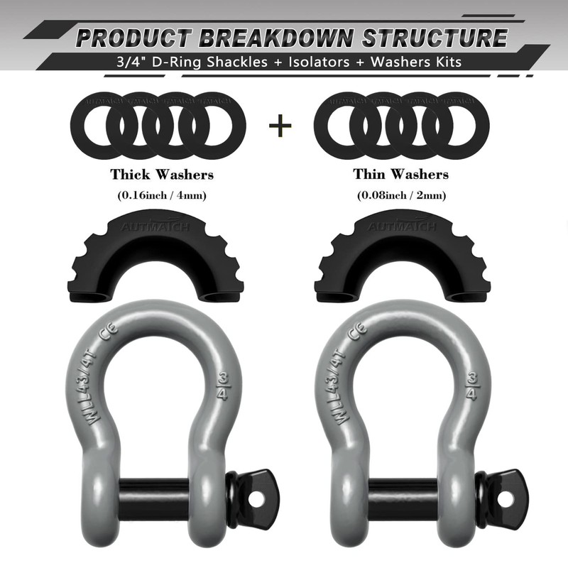 AUTMATCH D Ring Shackle 3/4" Shackles (2 Pack) 41,887Ibs Break