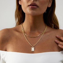 Tasiso 14K Gold Layered Initial Pendant Necklace Layering Paperclip Chain Choker Necklace for Women Dainty Square A-Z Alphabet Letter Necklace Jewelry Gifts A