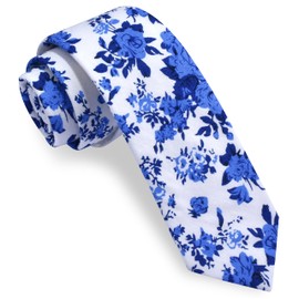Gusleson Mens Royal Blue Floral Ties for Wedding White Slim Cotton Tie Skinny Necktie (UK0943-39)
