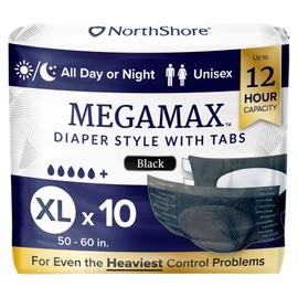 NorthShore MegaMax Adult Overnight Diapers, 12-Hour Tab-Style, X-Large, 10 Count Bag, Black, 50-60 inches, Unisex Incontinence Underwear